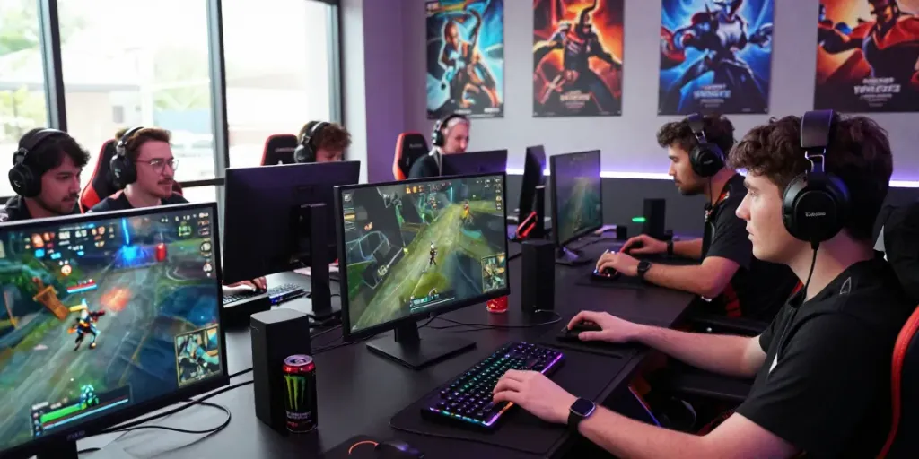Live esports gaming session showcasing players focused on intense matches at https://fc88v1.com/ with gaming gear and ambient lighting.