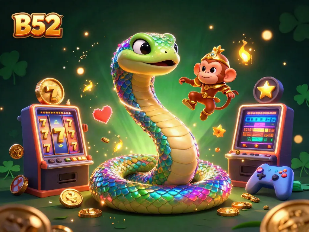 Play slots with the vibrant B52 characters, including a rainbow serpent and monkey king, among shining coins.