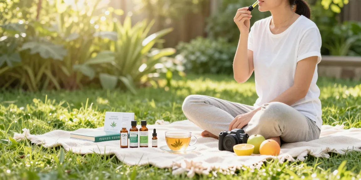 Ministry of Cannabis CBD oil among wellness items in tranquil garden setting.