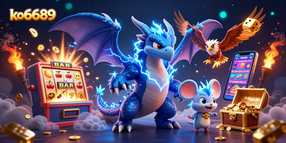 Win big at ko6689 with a dynamic illustration of exciting casino games and vibrant characters.