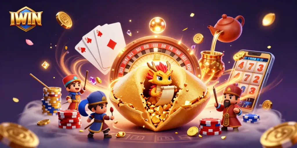 IWIN invites players with vibrant casino elements and a whimsical scene featuring a dragon, golden cookies, and gaming treasures.