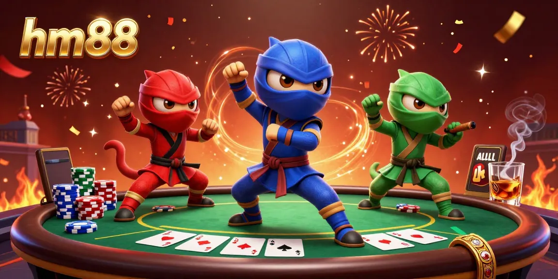 Experience the excitement of hm88 casino with vibrant ninja chameleons battling amid poker chips and cards.