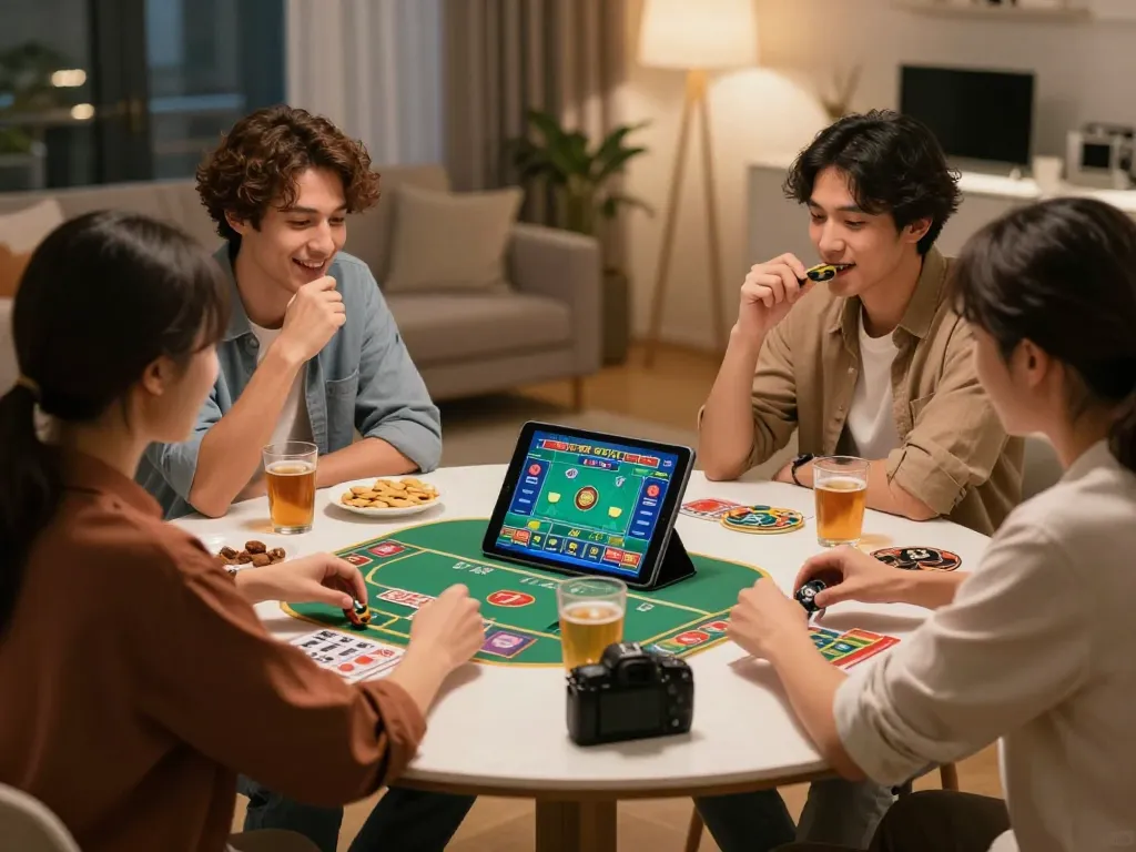 Tài xỉu online game scene with friends enjoying a home gaming experience, showcasing strategy and fun.