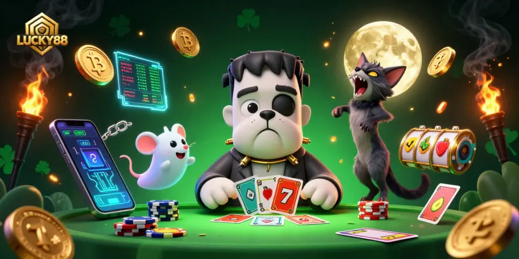 Engage with LUCKY88 as a Frankenstein bulldog deals cards amid slot reels and crypto elements in a 3D casino.