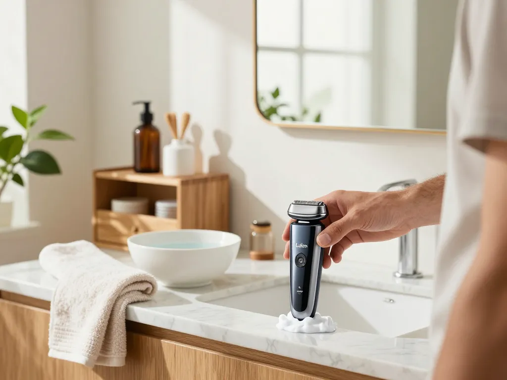 Man using Laifen shaver in a bright bathroom during his grooming routine.