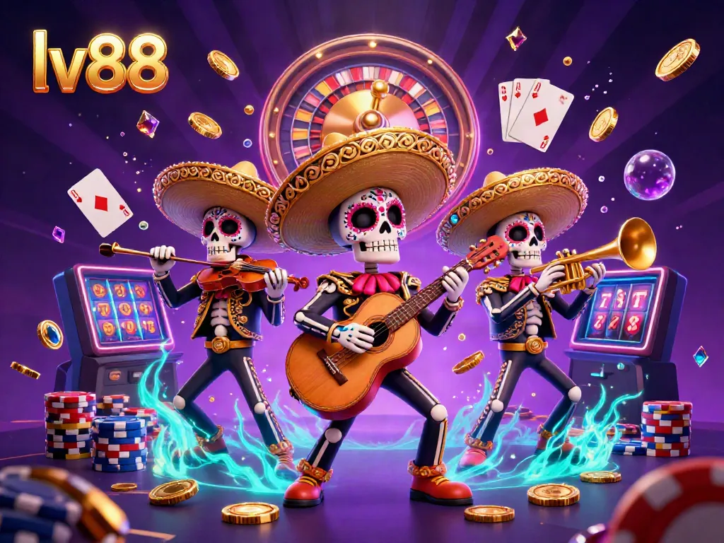 Experience the excitement of lv88 casino with a lively mariachi band amid sparkling gems and golden coins.