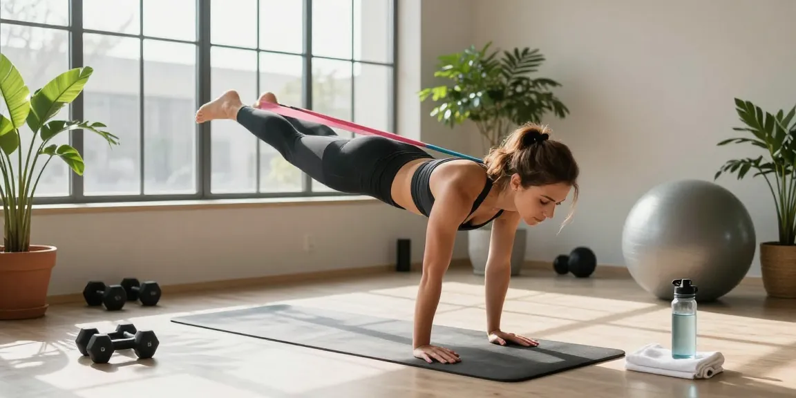 Active woman stretching with MOTS C benefits in a modern home gym filled with fitness equipment
