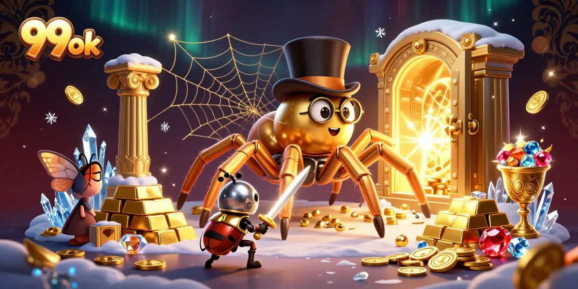 Engage in thrilling casino adventures with 99ok featuring a golden tarantula surrounded by treasures.