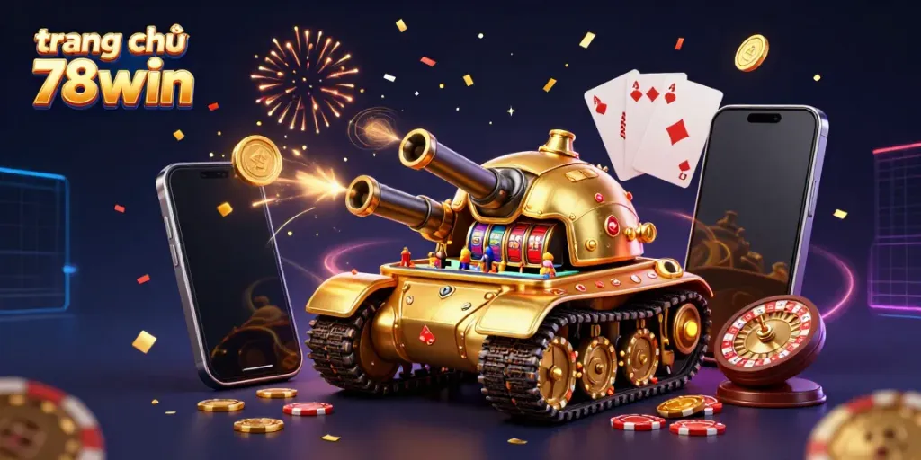 Experience excitement at trang chủ 78win with a vibrant casino-themed illustration featuring a golden beetle tank.