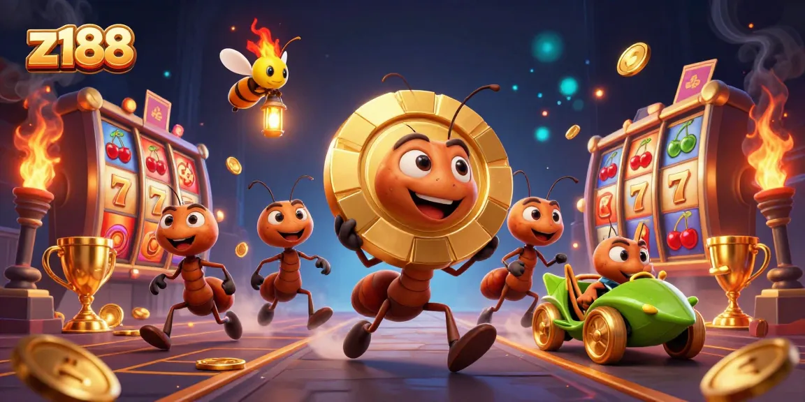 Experience the excitement of z188 with a heist scene featuring ants carrying a golden poker chip.