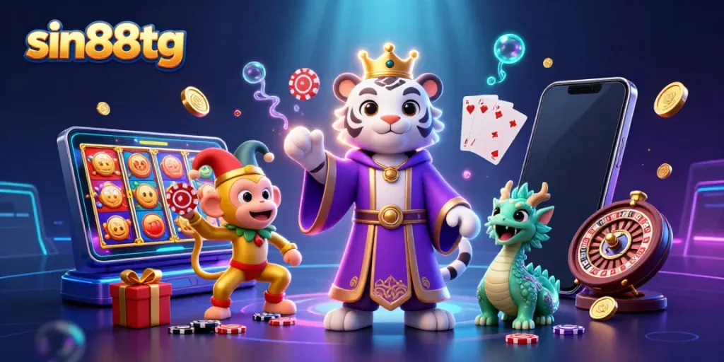 Experience the vibrant and dynamic world of sin88tg with a lively casino scene featuring a white tiger, a playful monkey, and a jade dragon.
