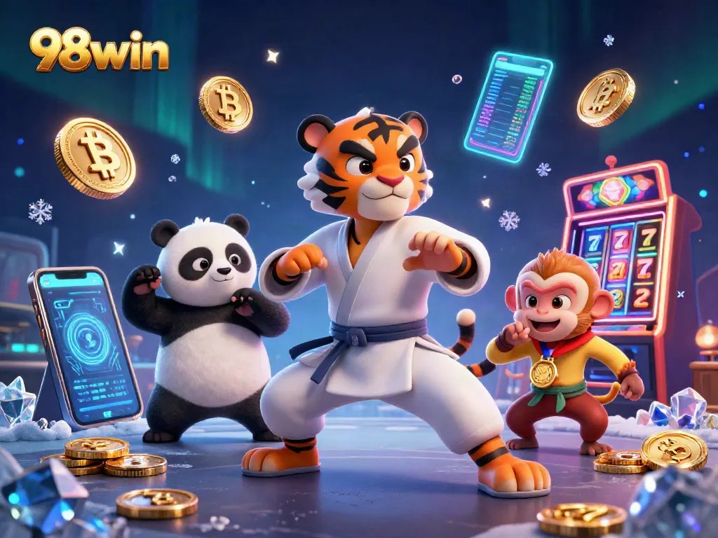 Engage with 98win’s vibrant casino experience featuring playful characters capturing thrilling moments.