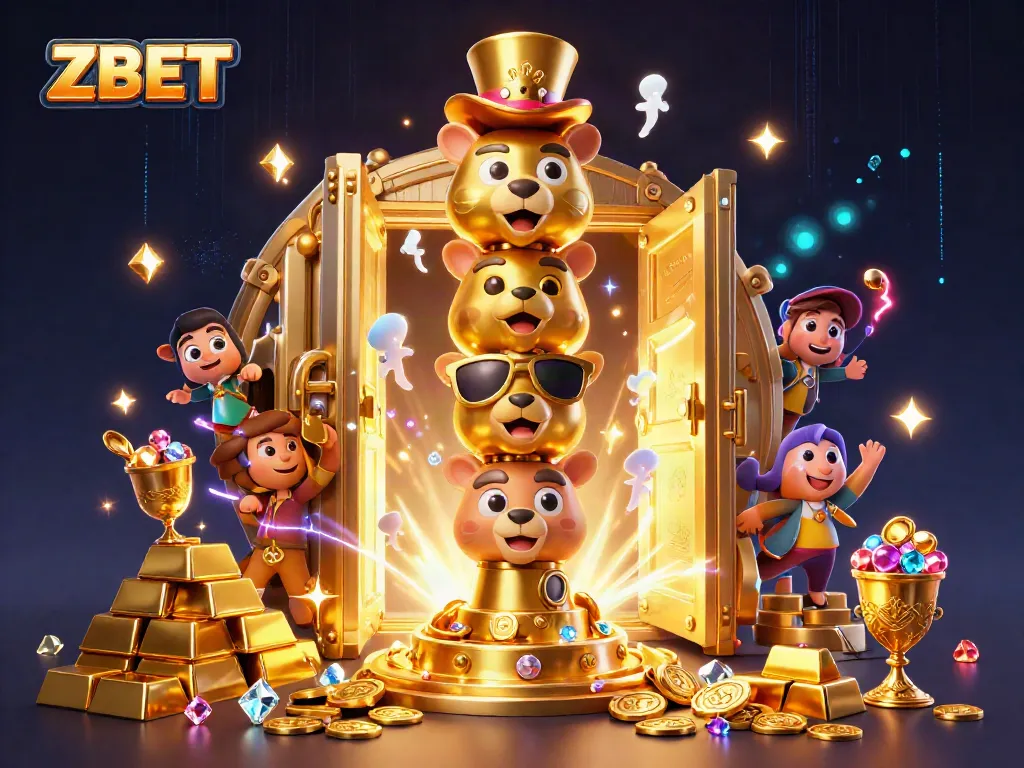 ZBET showcases a vibrant 3D illustration of a golden totem pole with casino themes, overflowing with treasures.