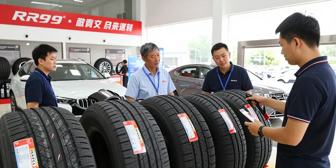 Double Coin RR99 tires showcased in a professional automotive showroom, highlighting their quality and features.