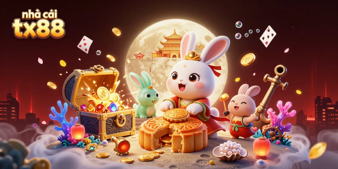 Engage in gaming at nhà cái tx88 with a vibrant cartoon scene of a moon rabbit, poker chips, and treasures.