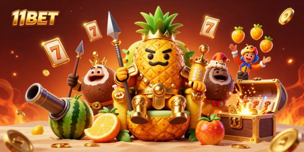 Join the beach casino adventure with 11BET's golden pineapple king presiding over thrilling slots gameplay.