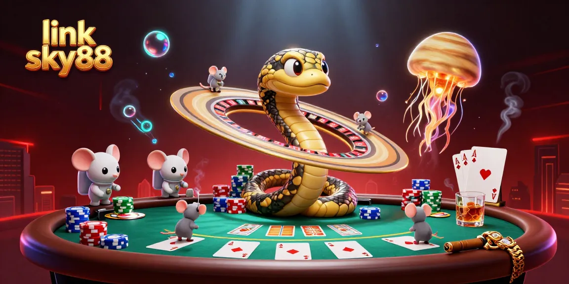 Engaging gameplay at link sky88 with cosmic dealer and cartoon characters in an illustrated casino scene