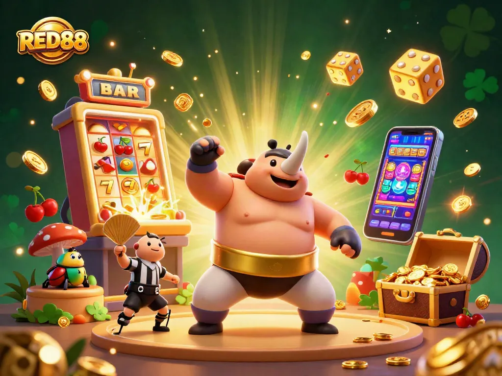 Experience RED88's thrilling gaming adventure with charming beetle champions and vibrant casino action.