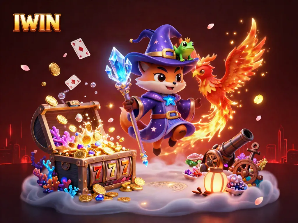 IWIN casino scene featuring a mystical wizard fox, phoenix, and treasures in an engaging gambling illustration