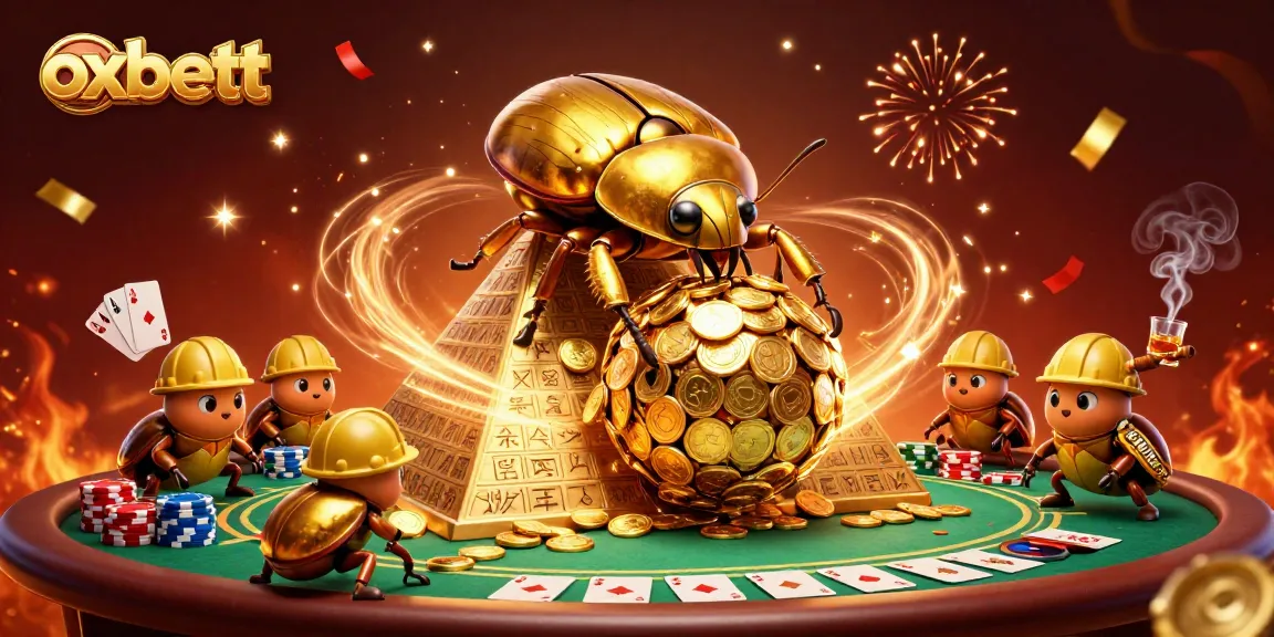 Experience the excitement of oxbett with 3D illustration of beetles rolling a gold coin ball, surrounded by poker elements.