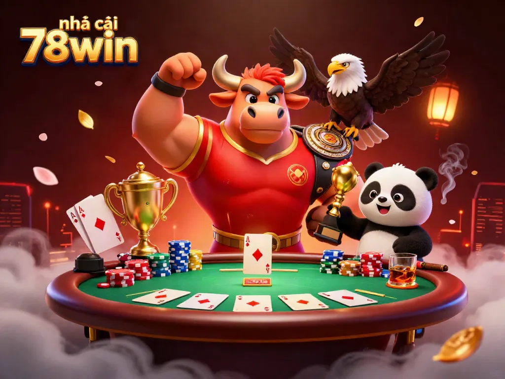 Engage with thrilling action at nhà cái 78win, showcasing vibrant characters around a dynamic poker scene.