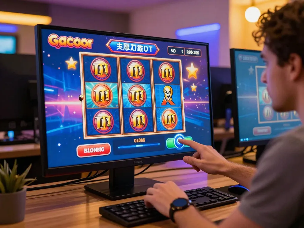 Engaging with slot gacor game on vibrant online casino interface in a modern home setting.