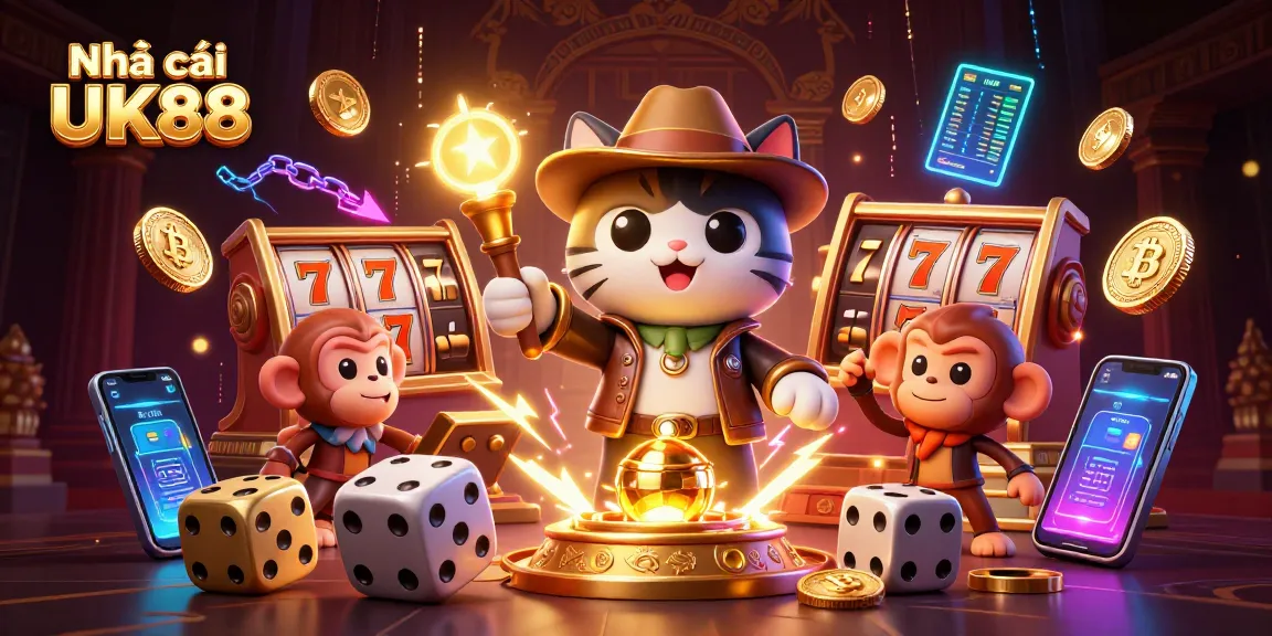 Place bets and win big with Nhà cái UK88, featuring golden casino artifacts and immersive settings.