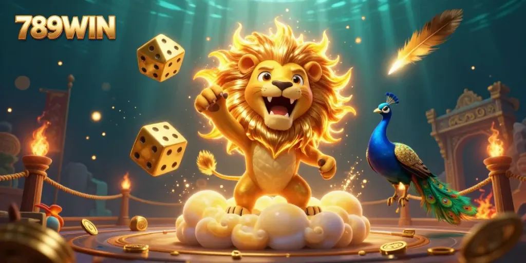Experience the vibrant world of 789WIN with a roaring sun lion and golden dice, embodying the thrill of online gambling.