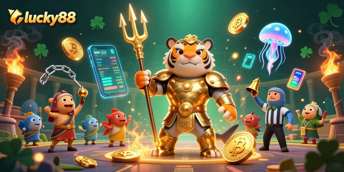 Engage with the lucky88 online casino adventure featuring a dynamic shark warrior and vibrant crypto elements.