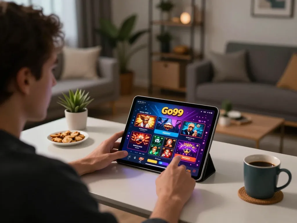 Person enjoying a thrilling Go99 gaming session on a tablet, relaxed home atmosphere with vibrant gameplay.