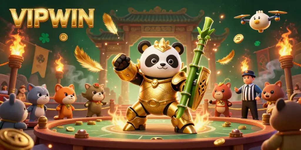 Experience the excitement at VIPWIN's dynamic gambling arena with a golden panda in a mech suit.