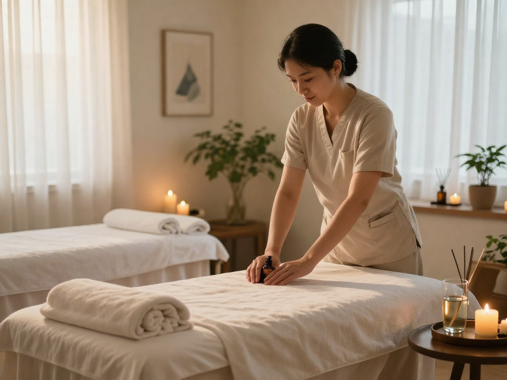 Calming massage therapy room set for 관악구출장안마 with soothing ambiance and wellness elements.