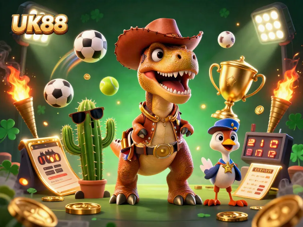 Experience the excitement of UK88's dynamic casino scene with lively characters and thrilling sports elements.