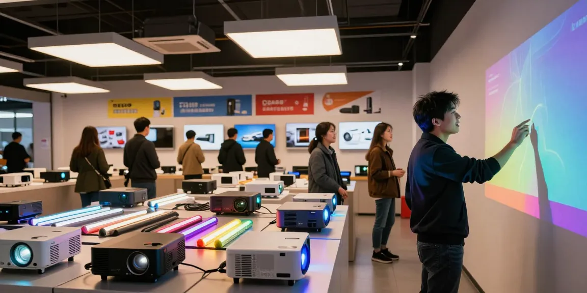 Proiector LED puternic expus într-un magazin modern de iluminat, atrăgând clienții cu culori vibrante.