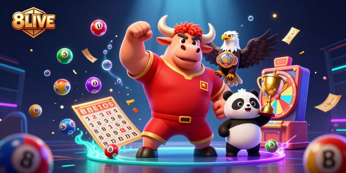 Experience thrilling wins with 8LIVE, featuring vibrant lottery balls and animated casino actions.