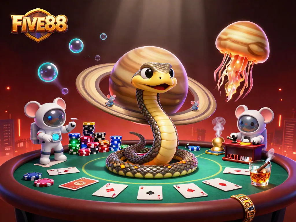Experience exhilarating gameplay with FIVE88 at this vibrant casino scene featuring unique characters and immersive elements.