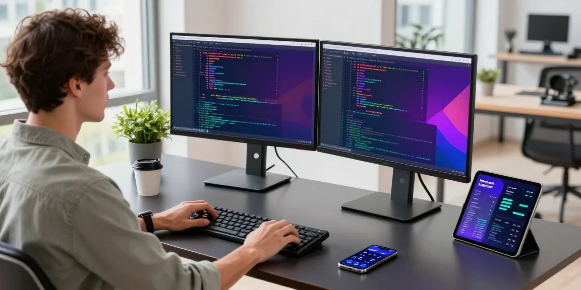 快连 network optimization developer at a modern tech workspace with dual monitors showing analytics.