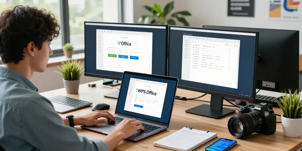 WPS Download in a modern office workspace with a professional downloading software on a sleek laptop.