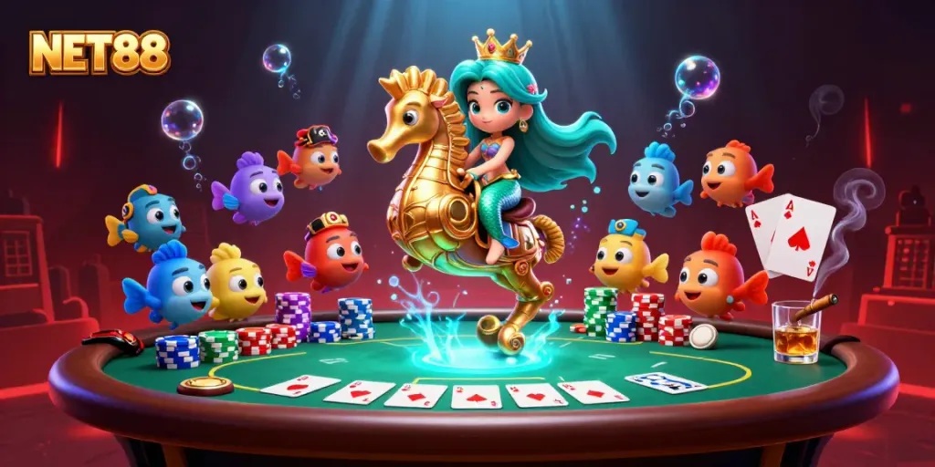 Engage with NET88's thrilling casino adventure featuring a royal mermaid and poker elements.