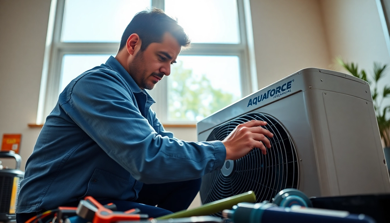 Technician servicing AquaForce Mechanical unit in a bright, modern home environment.