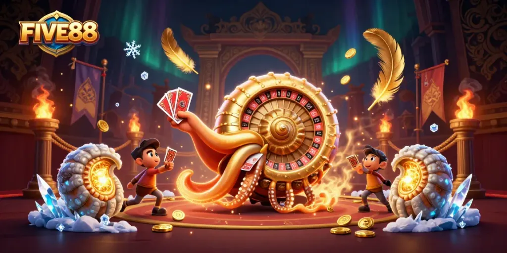 Engage with FIVE88 in this vibrant 3D illustration featuring unique casino elements and magical creatures.