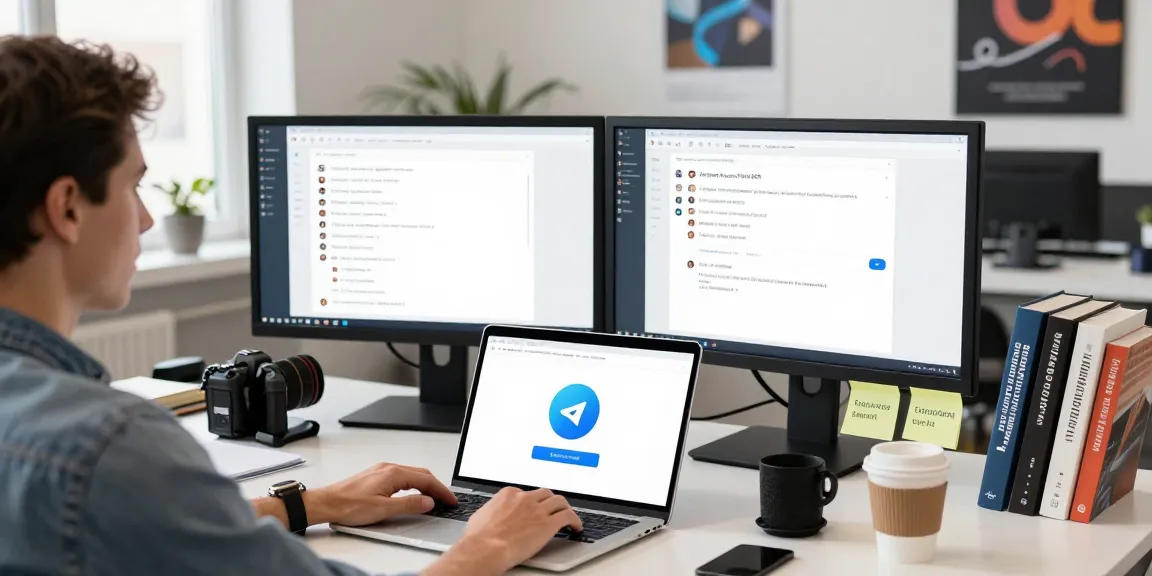 Focused user downloading Telegram download on a laptop in a modern tech workspace.