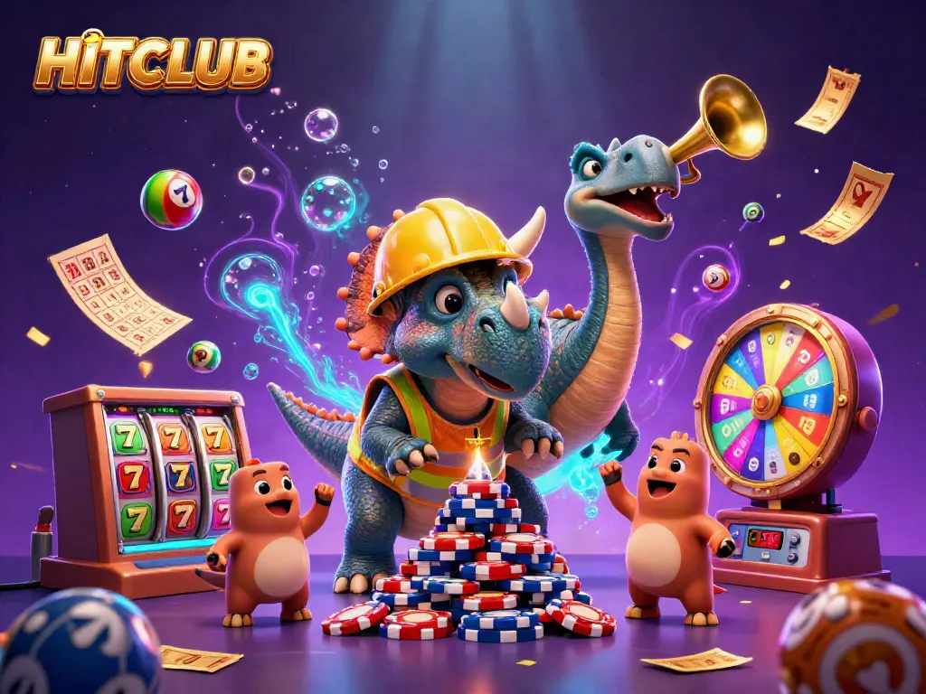 Engage in casino excitement at HITCLUB with colorful lottery balls, thrilling slots, and poker chips.