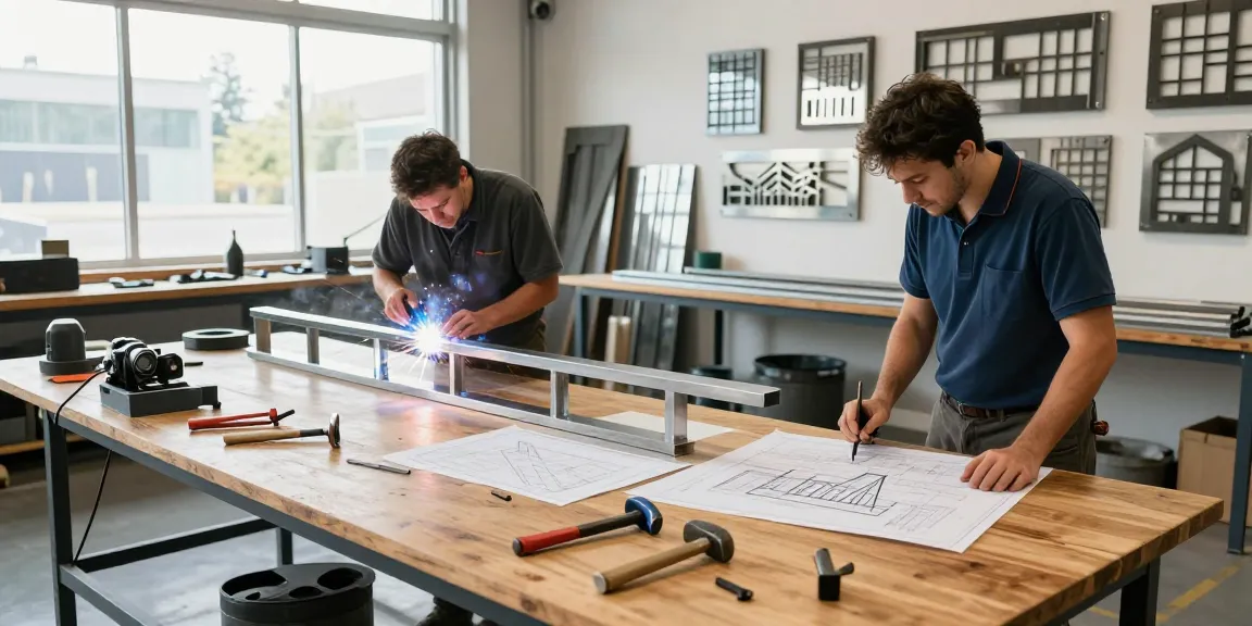 Artisans creating custom metalwork in a well-lit North Vancouver workshop, showcasing expert craftsmanship.