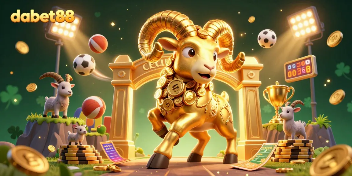 dabet88 brings excitement with a vibrant casino scene featuring a golden ram charging at a gate surrounded by dynamic gaming elements.