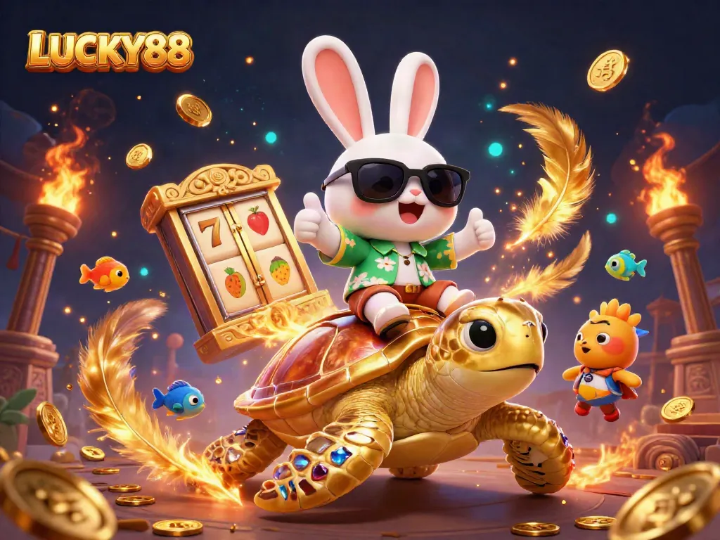 Spin to win with LUCKY88 slot theme featuring a lucky rabbit and golden turtle illustration.