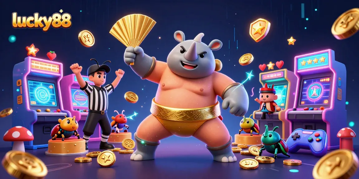 Experience the thrilling excitement of lucky88 with a dynamic scene of a sumo beetle champion powering up a casino atmosphere.
