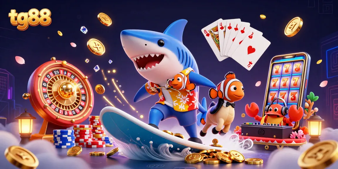 Join the action with tg88 as a shark surfs on gold coins amidst dynamic casino elements.