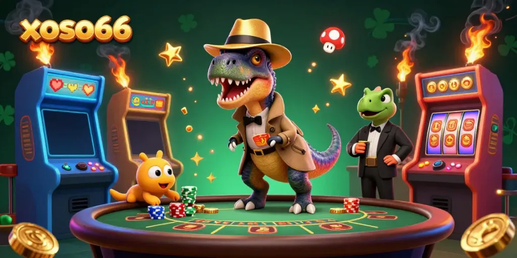 Join the thrilling action with xoso66 as a velociraptor card counter in a vibrant casino scene.