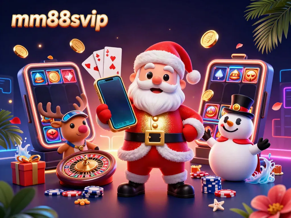 Immerse in the world of mm88svip with Santa, a reindeer dealer, and a poker chip snowman in a vibrant casino setting.